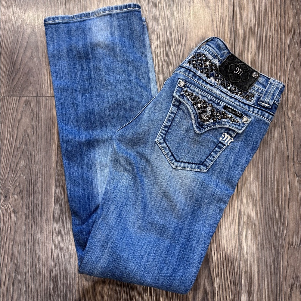 Miss Me Blue Straight Leg Jeans with Black Embellishments